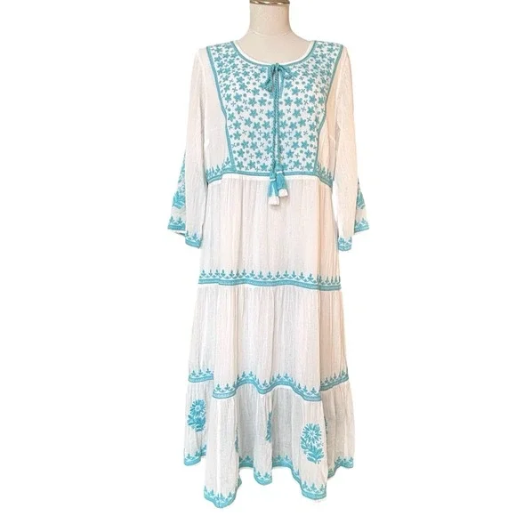 Soft Surroundings Gauzey Juniper Dress Blue White Embroidered Sz Medium Cotton - Picture 3 of 16